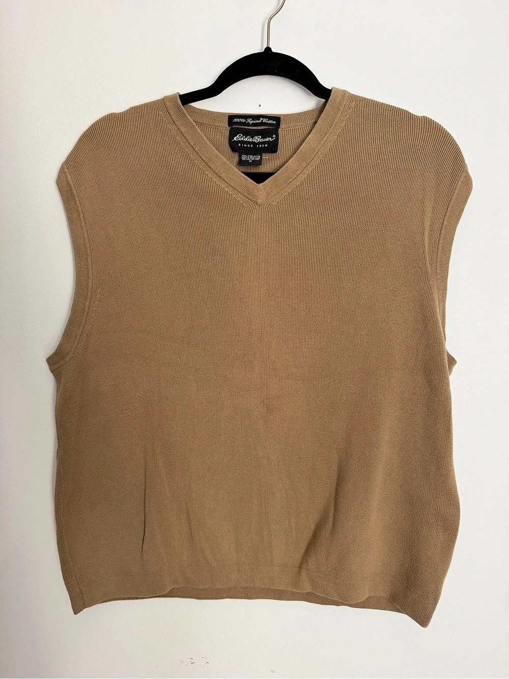 Vintage Men’s Eddie Bauer Supima Cotton V-Neck Sweater Vest in Brown Tan M Med